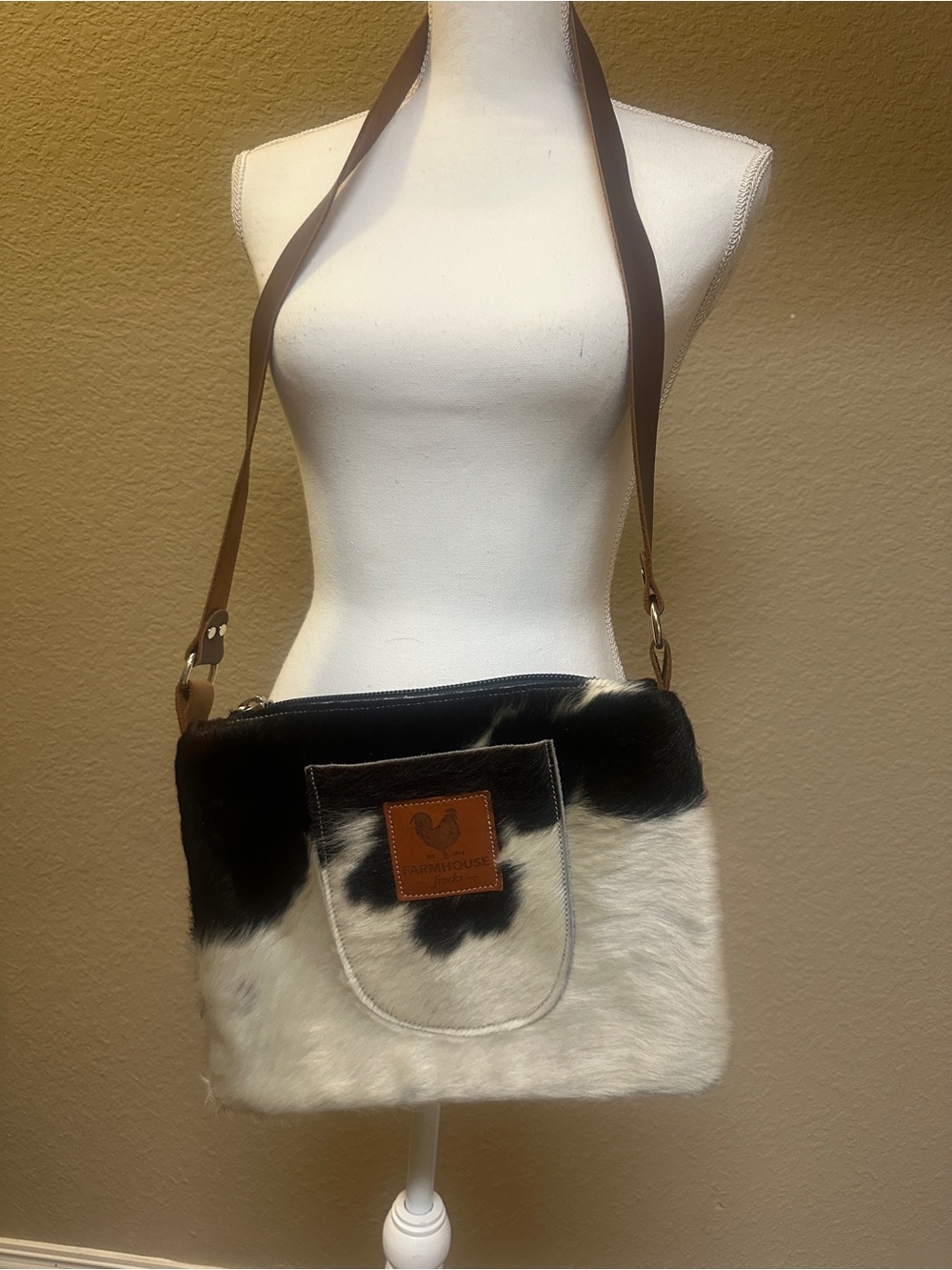 Farmhouse Frocks Patch Black & White Cowhide Shoulder Bag